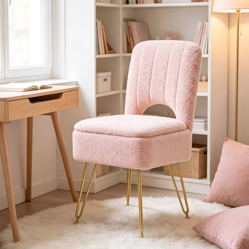 Tabouret de coiffeuse en molleton avec rangement Teddy, Small, Rose