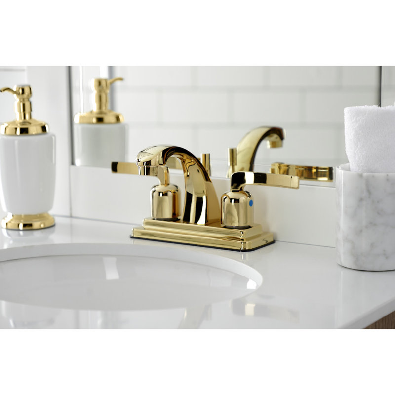 Kingston Brass Centurion Two-Handle 3-Hole Deck Mount 4" Centerset Bathroom Faucet with Plastic Pop-Up, Polished Brass