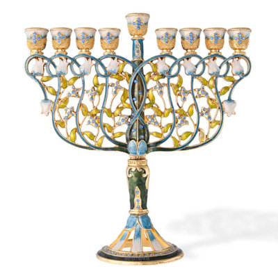 24 carats doré et bleu à la main, orné d’un menora de conception à fleurs inter