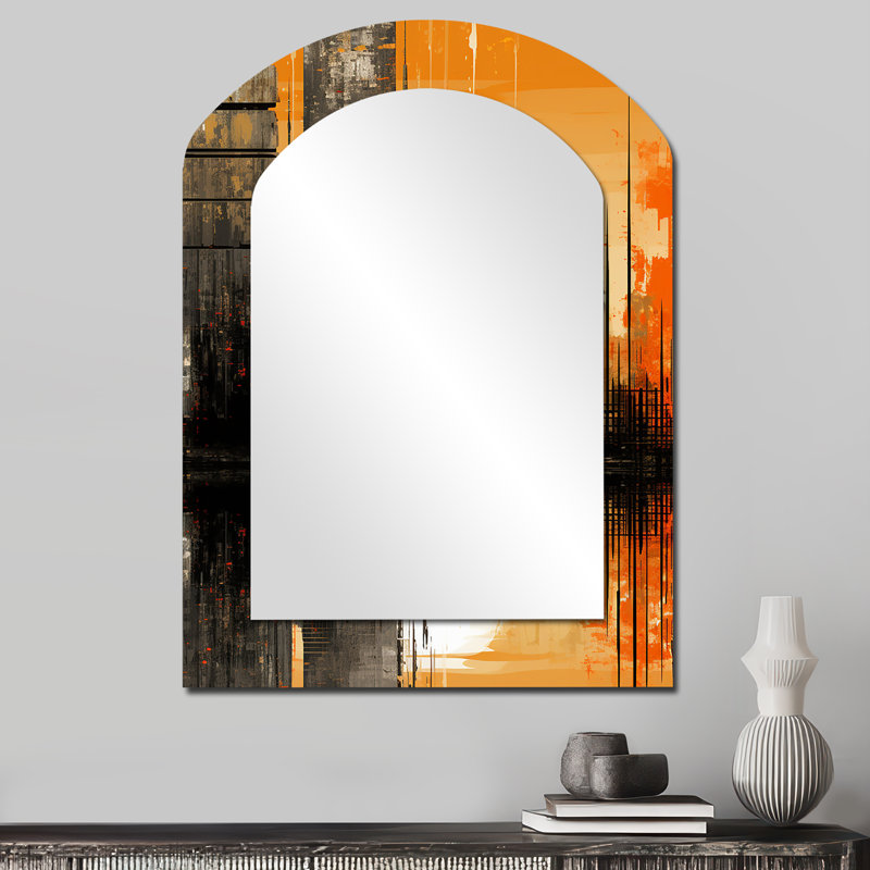 Abstract Cityscape sunset - Abstract Asymmetrical Unique Wall Mirror Decor, Orange Arch Large Mirror, Printed Metal Art