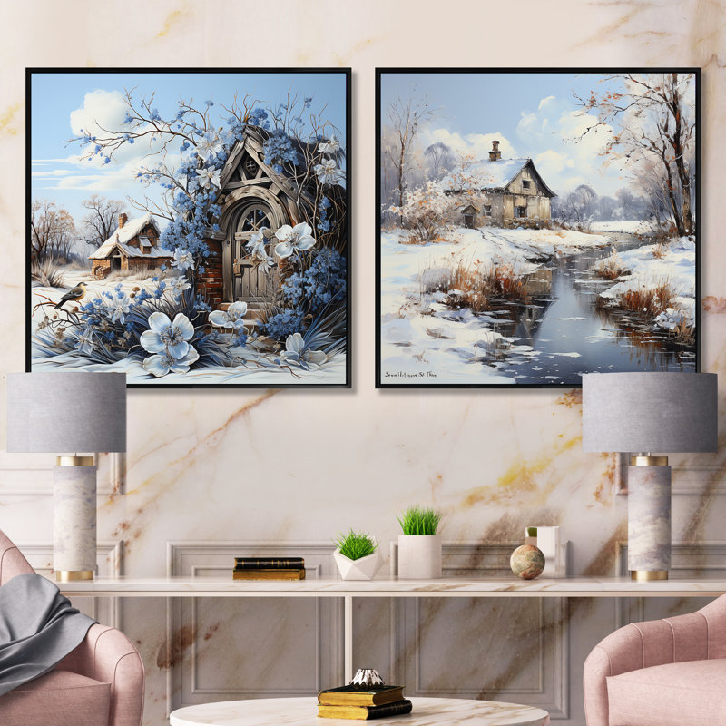 «Cottage Charm In Winter», 2 pièces, Cadre flottant noir, H 16 po x l 33 po