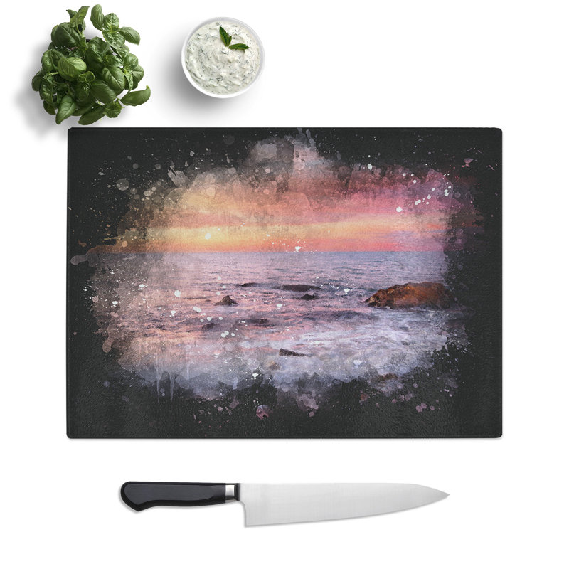 Tempered Glass Beach in Spain Paint Splash Chopping Board, 20 cm x 28.5 cm