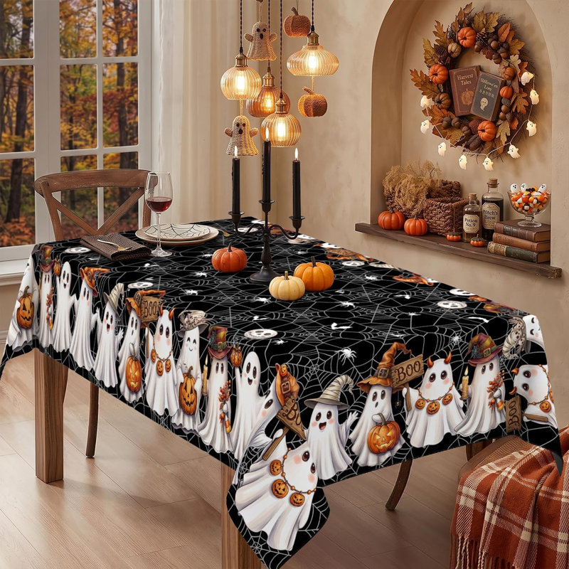 Nappe rectangulaire d'Halloween 60 x 84 pouces, en tissu lavable, motif toile d'araignée noire et fantôme, idéale pour la cuisine, les repas et les fêtes.
