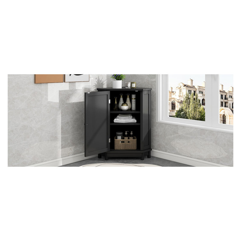 Black Bathroom Corner Cabinet with Adjustable Shelves - Modern MDF Storage Cabinet for Small Bathrooms, Space-Saving Triangular Design