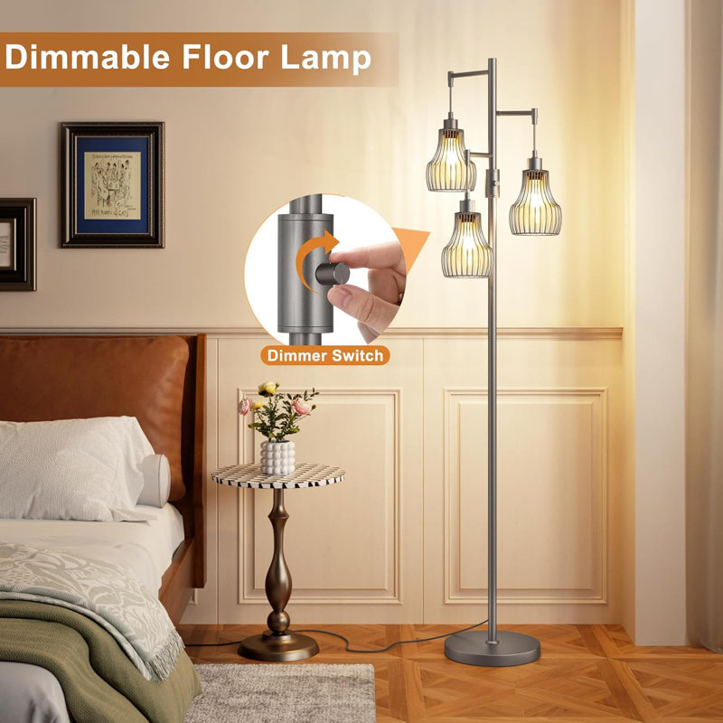 Dimmable Floor Lamp With 3 Cage Shades, Industrial Style Tall Standing Lamp For Living Room, Bedroom, Office - Grey, All-Metal Construction, Stepless Dimming (0-100%)
