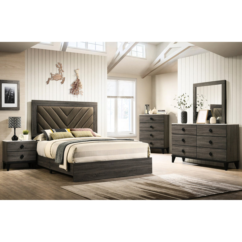 Lit pour grand lit transitionnel - Tête de lit tapissier gris cendré avec chambre à coucher en tissu