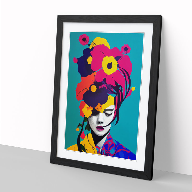 FRM-V0523-835X Floral Woman Pop - Single Picture Frame Print, 64cm H x 46cm W x 2cm D, Black Framed