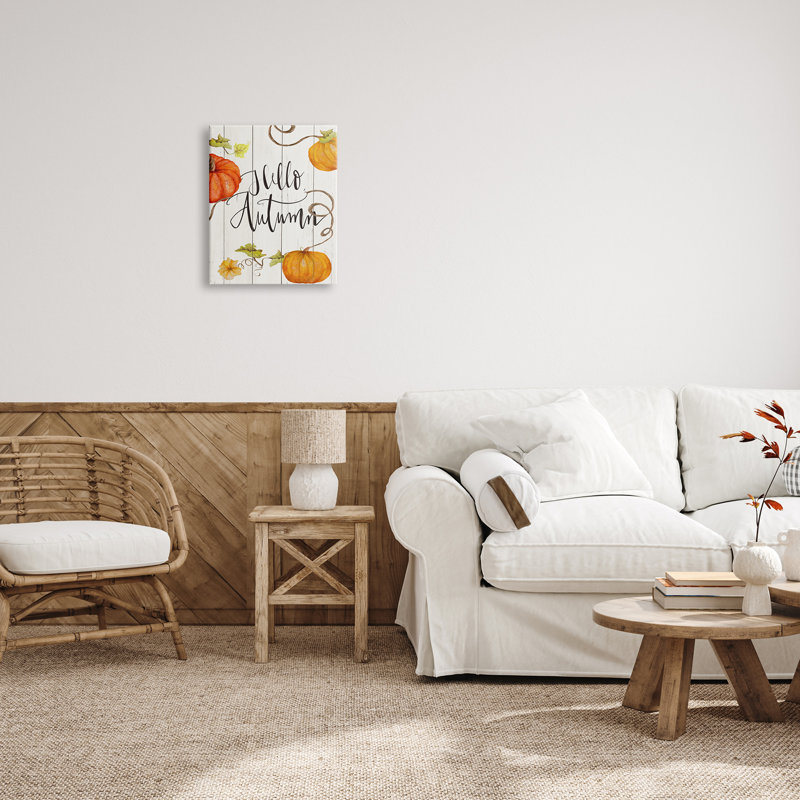 «Hello Autumn Calligraphy», rustique, citrouille, vignes, art numérique sur estampe numérique par Janice Gaynor, Toile tendue