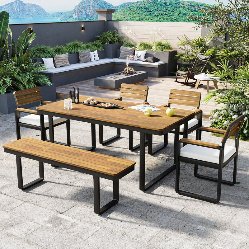 6-Piece Outdoor Dining Set, Acacia Wood, Beige