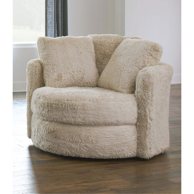 Fauteuil d'appoint pivotant Rane, chenille, forme de tonneau, bois massif, Chenille beige