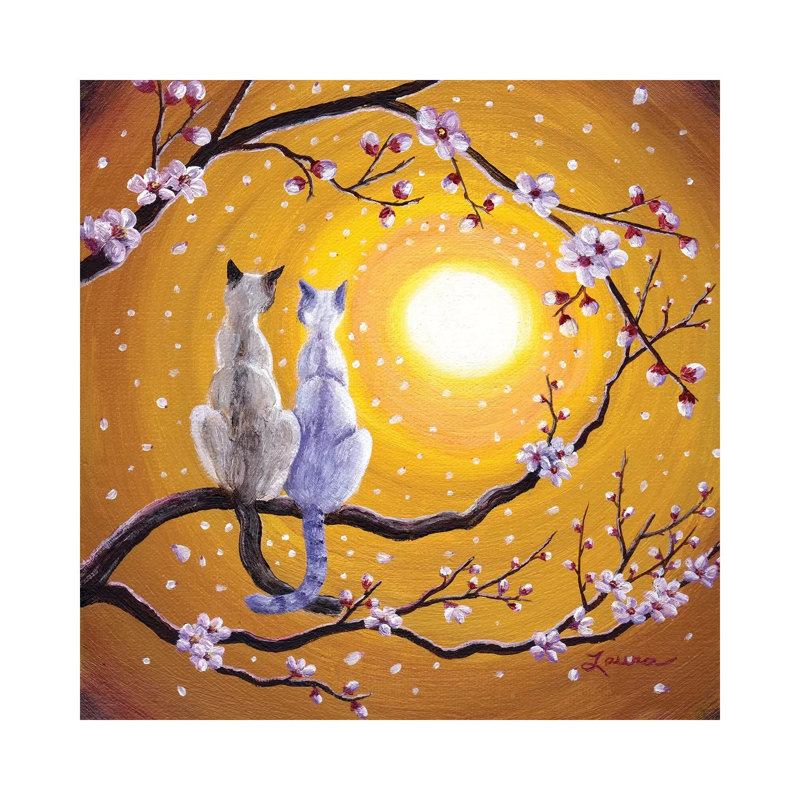 Siamese Cats Nestled In Golden Sakura by Laura Iverson - Painting on Canvas, Wrapped Canvas, 45.72cm H x 45.72cm W x 3.81cm D