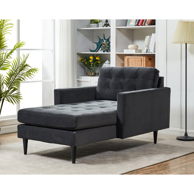 Chaise longue capitonnée à deux accoudoirs carrés, Velours gris foncé