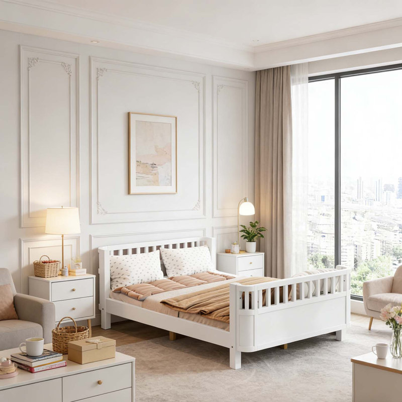 Lit plateforme en bois avec rails de sécurité, conception à profil bas, Lit double, Blanc