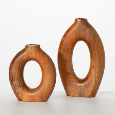 Hollow Mango Wood Vase Set, 12.75"H & 9"H; Brown