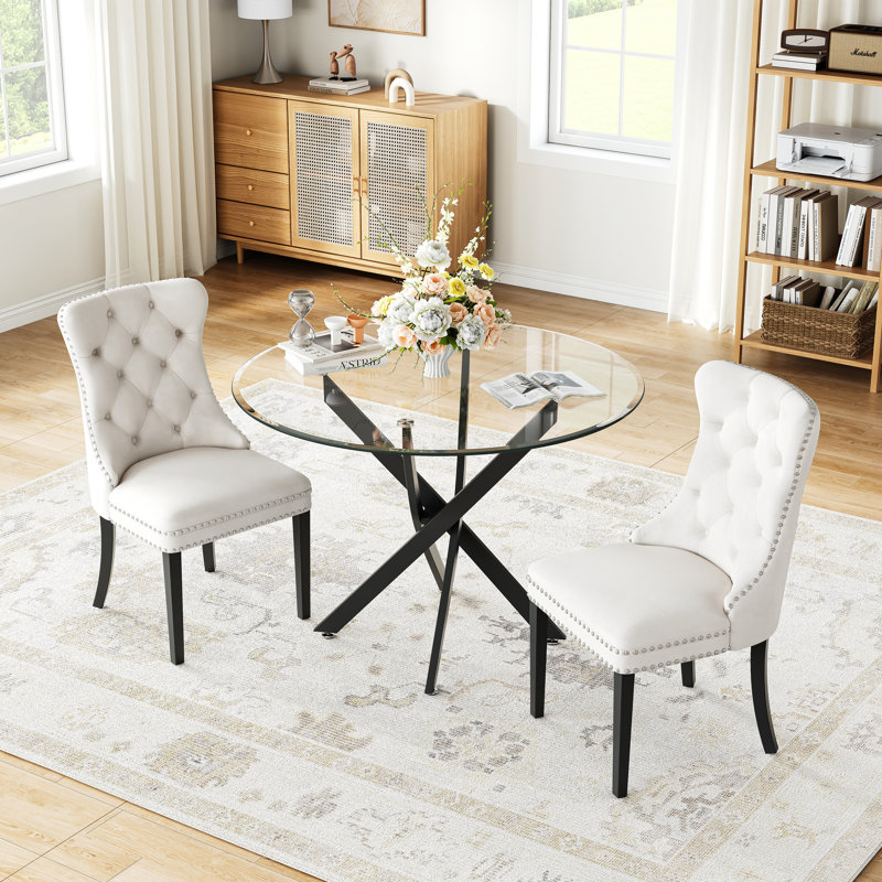 3-Piece Dining Table Set, 36" Round Tempered Glass Table And 2 Tufted Velvet Upholstered Chairs With Nailhead Trim And Pull Ring