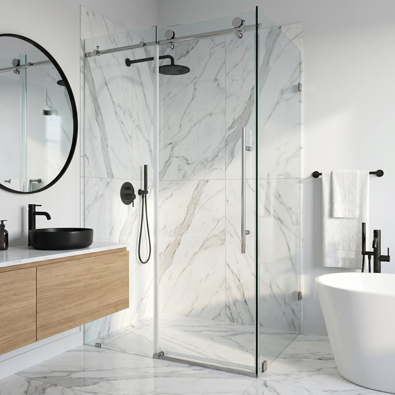 Cabine de douche coulissante sans cadre avec verre transparent 3/8 po de l 46 po x P 34 po x H 76 po Elan, Chrome