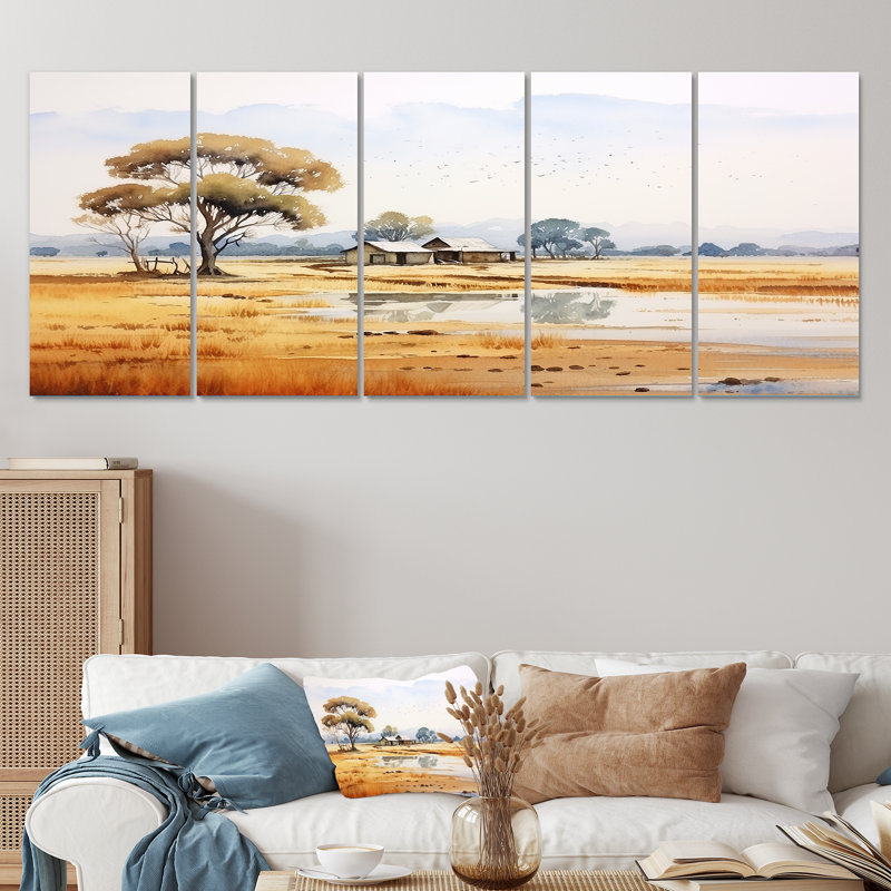 «Beige African Safari Landscape III - Afrique», art mural 5 pièces, H 28 po x l 60 po