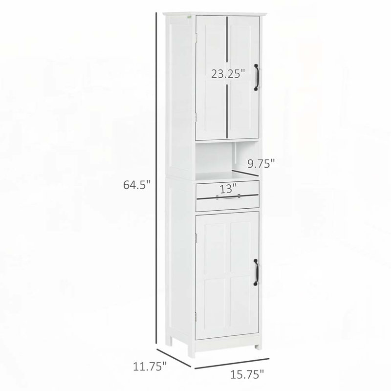 Armoire de rangement pour salle de bain avec tablette ouverte, tiroir, portes encastrées et tablettes réglables