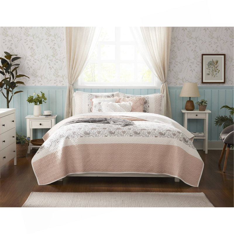Ensemble de courtepointe en percale de coton 6 pièces avec coussins Blush, Rosé rayé