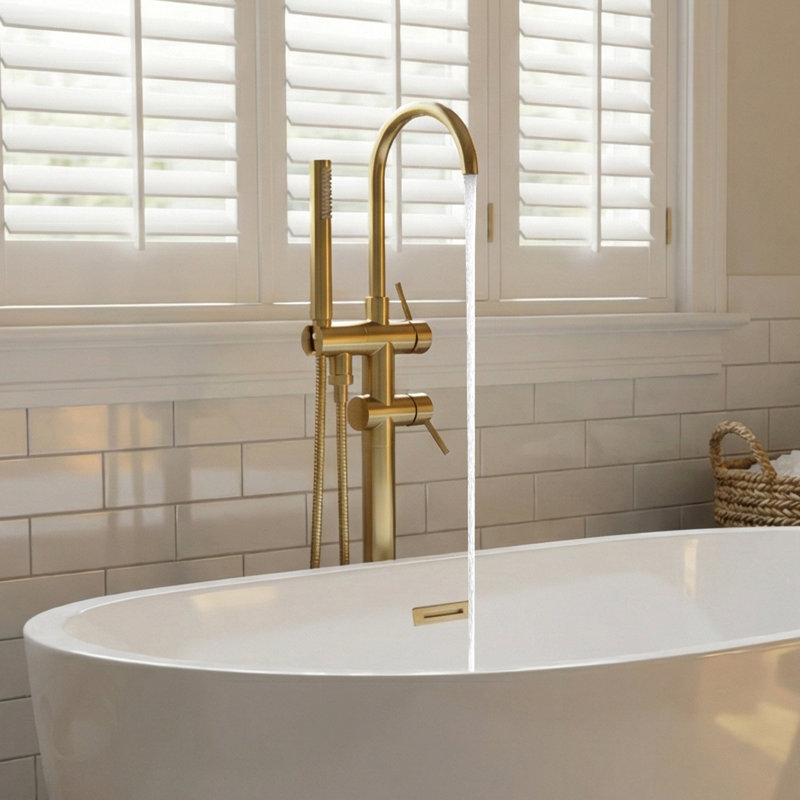 Robinet de baignoire autoportant en acier inoxydable Rotation 304 avec douche à main, Or brossé