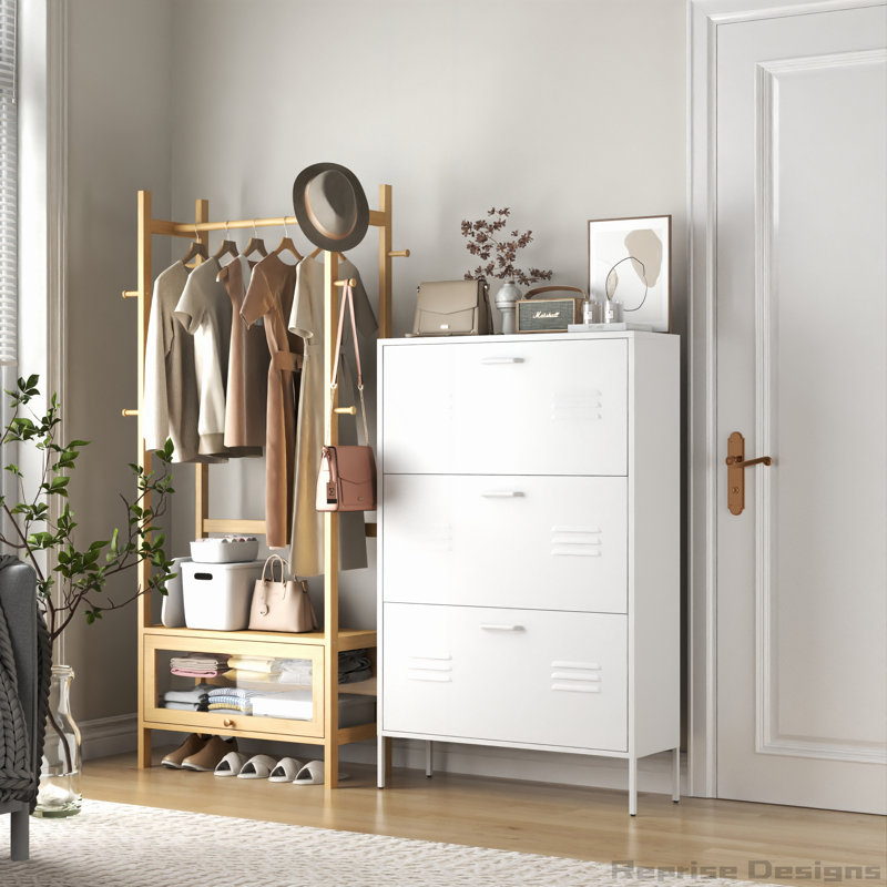 Armoire à chaussures polyvalente en métal avec plusieurs tiroirs rabattables pour l'organisation
