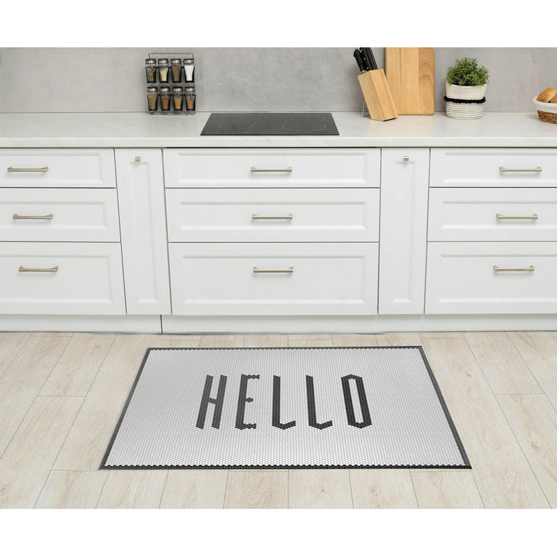 Tapis de cuisine Penny Tile Hello, Gris anthracite, Rectangulaire 3 pi x 5 pi