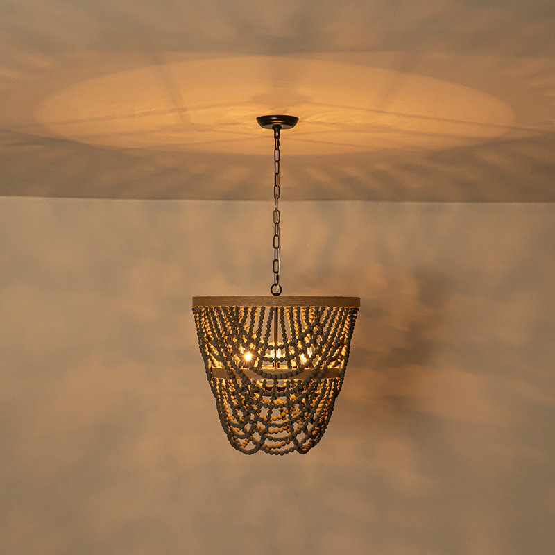 Lustre 3 lumières en bois délavé gris perlé