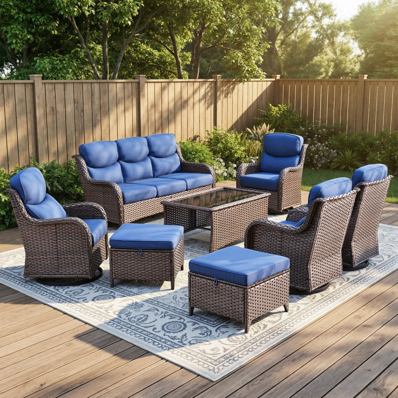 Ensemble de conversation d'extérieur en osier 8 pièces avec chaises pivotantes et table basse 8 pièces, Bleu, Brun