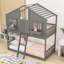 Lit superposé simple au-dessus d'un lit simple en bois avec boîte de rangement, garde-corps et échelle-112170990