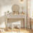 Luxury Vanity Desk Set With A Cushioned Stool, Round & Height Adjustable Mirror, 4 Drawers With Strip-fluted Panels-796562140