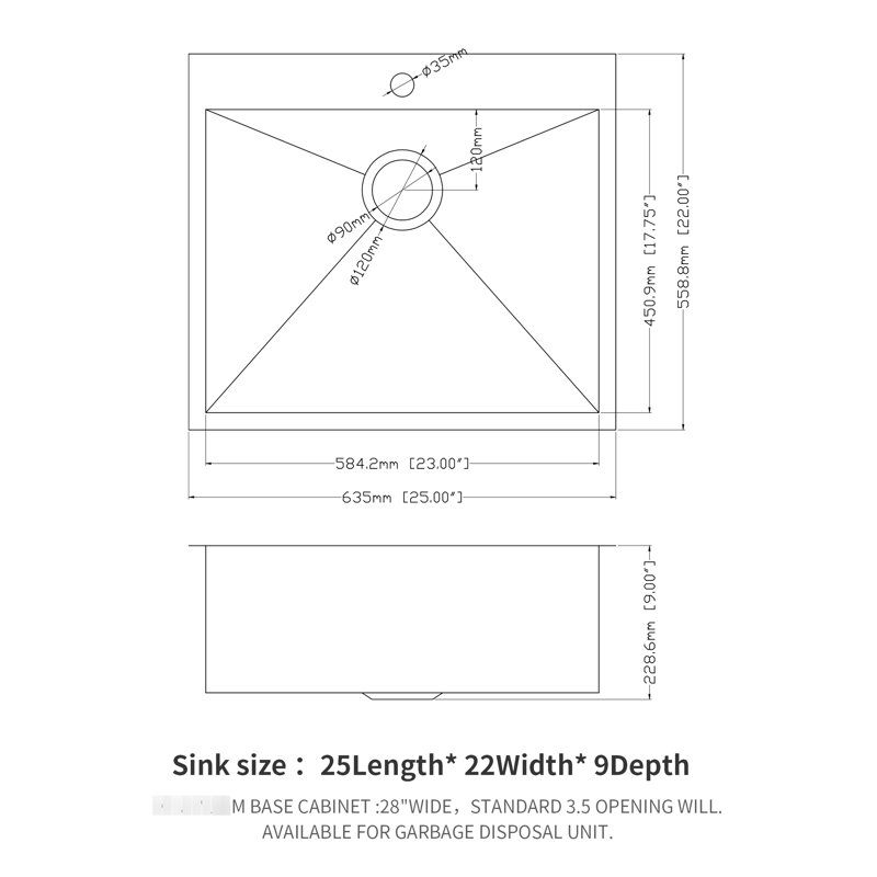 Évier de cuisine en acier inoxydable 22 X 9 po. Surface supérieure avec surface et ouvertures de drain de 3,5 po pour une hygiène de drainage efficace - bol simple de 25 po 304 efficace