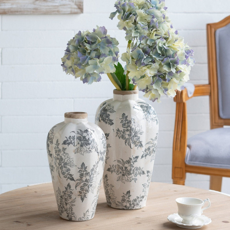 Élégant vase décoratif en céramique blanche 8,1 x 8,1 x 13,6 pouces avec motif floral gris délicat pour la décoration intérieure