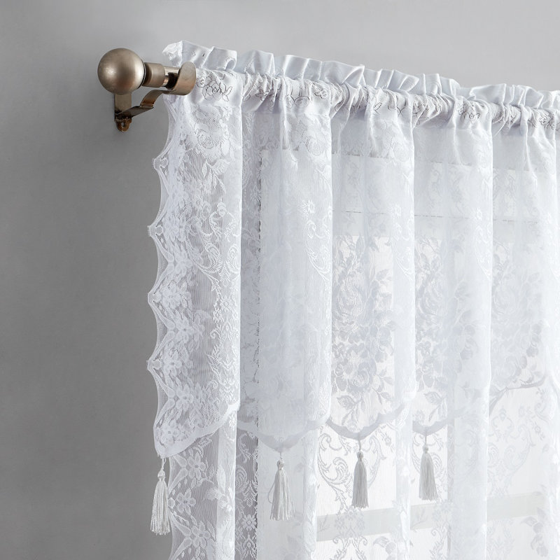 Rosdorf Park Pair Of 2 Sheer Lace Curtain Panels with Attached Matching Valance With 6 Tassels., White, 54" W x 63" L