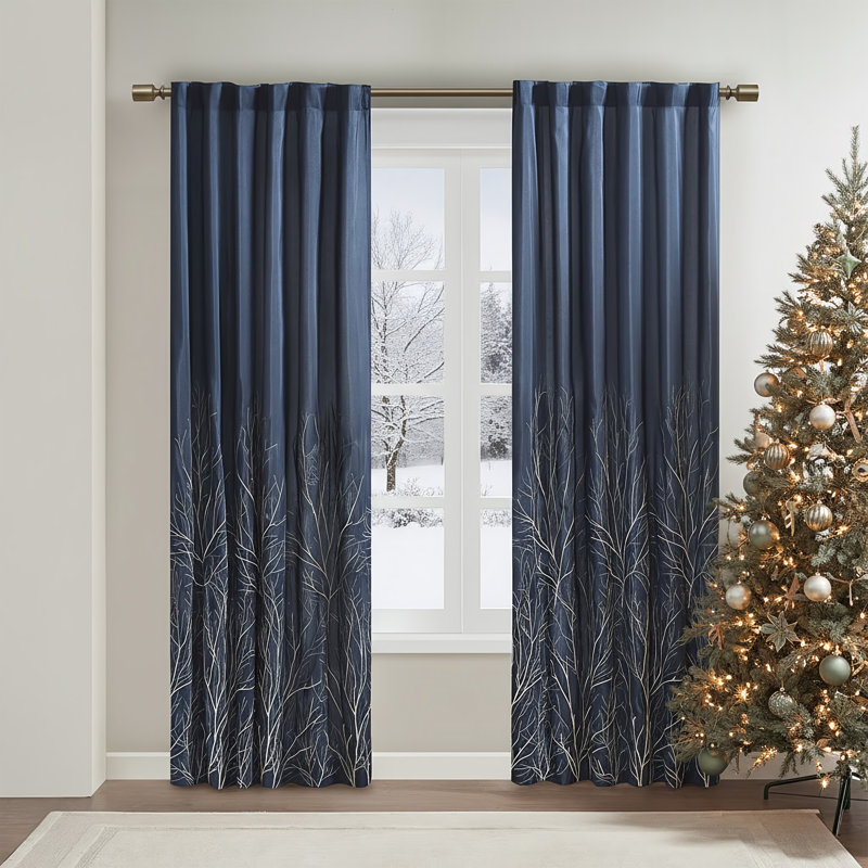 Andora Tan Embroidered Branch Rod Pocket Single 50x95" Curtain Panel, 50" W x 95" L, Tan