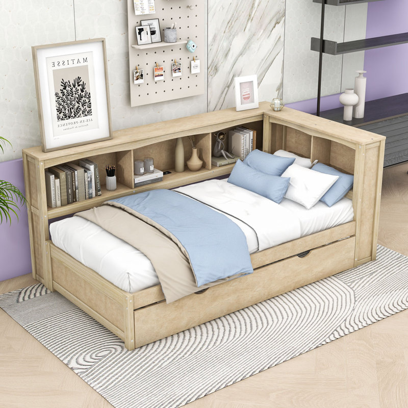 Lit de jour simple avec couchette simple, tablettes de rangement et ports USB, Bois
