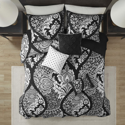 Courtepointe en coton avec revers uni et coussins décoratifs - Broderie complexe double / grand noir