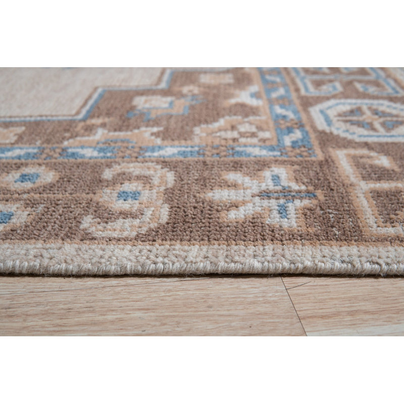 Ivory Hand-Knotted Wool Framed Medallion Geometric Modern Contemporary Carpet Rug, 6' x 9'