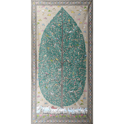 «Pattachitra Tree of Life with Nature», peinture sur soie de Tussar par Purna Chandra, art populaire Odisha de H 60 po x l 30 po, décoration murale Boho