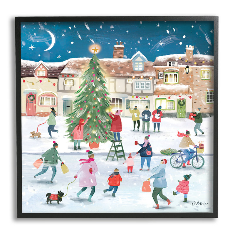 «Christmas Tree Town Scene» encadré sur bois par Clair Rossiter, peinture, Giclée encadrée noir minuit, H 12 po x l 12 po