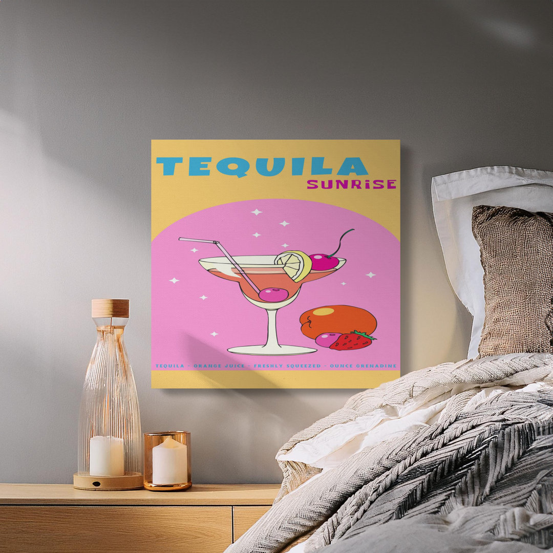 Tequila Sunrise Cocktail Canvas Wall Art, Retro Bar Decor, Fun Kitchen Print, Colorful Drink Recipe Art, Vintage Aesthetic, Dorm Decor