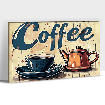 Art rétro, art mural sur toile rétro, vaisselle de cuisine, impressions sur toile, tasse bleue, théière orange, affiche d'art, impression d'art mural rustique pour cuisine, salle à manger, décoration murale prête à être accrochée, 18 po x 24 po