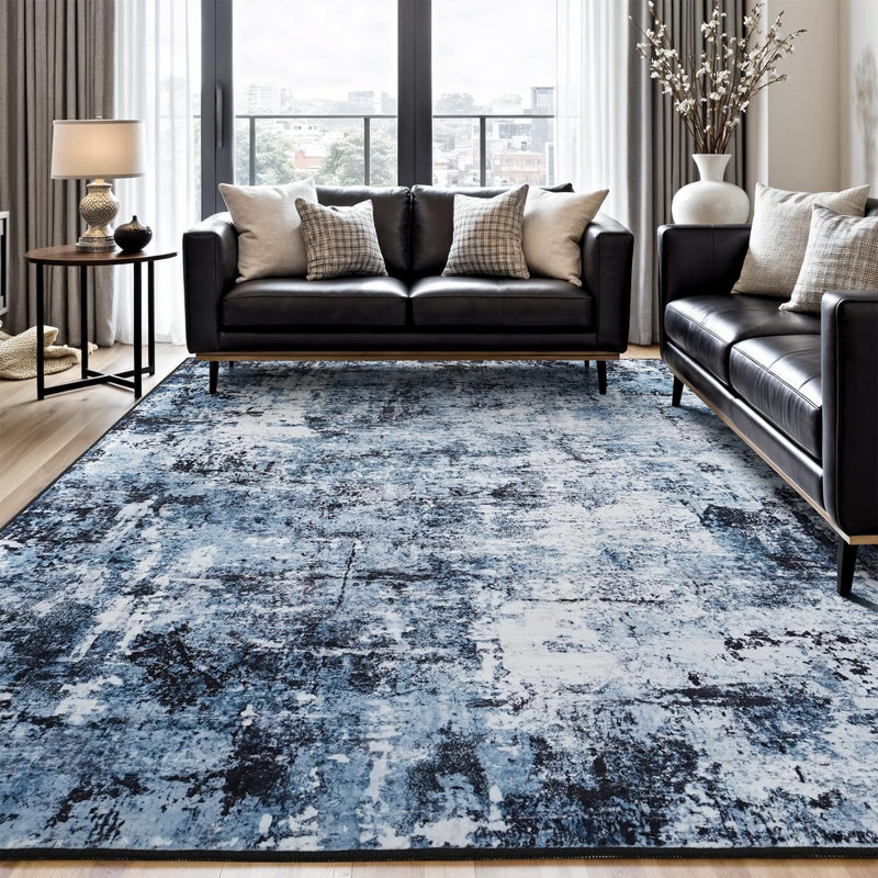 9'X12' Modern Dark Abstract Washable Area Rugs for Living Room Blue, Rectangle 9' x 12', Blue