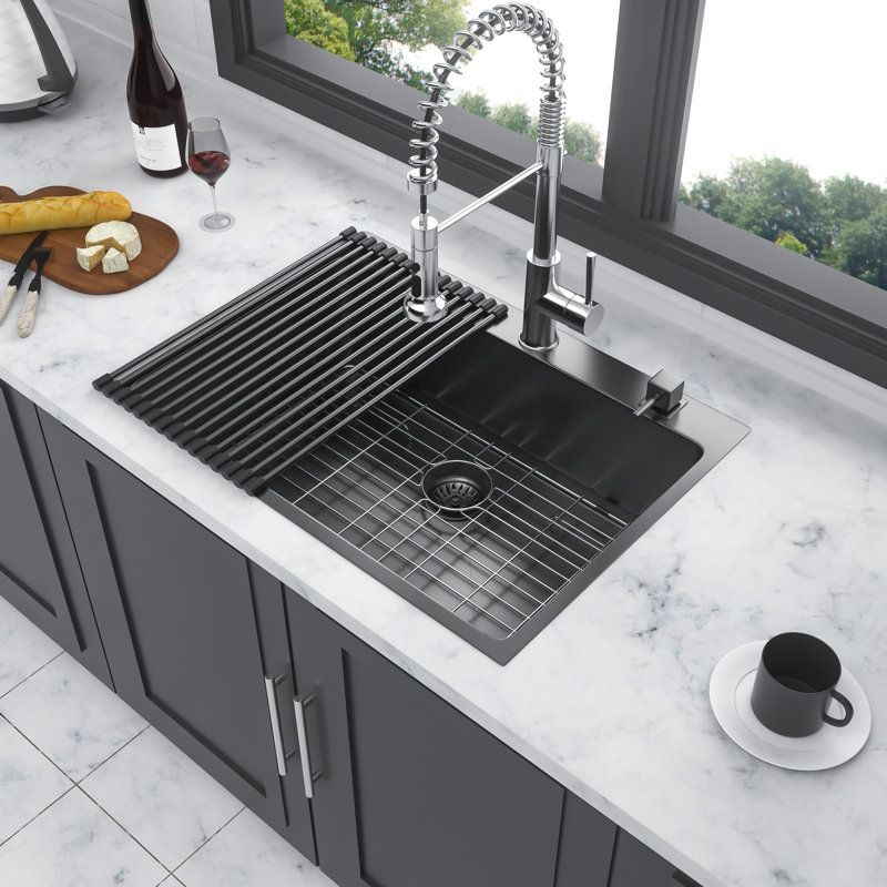 Évier de cuisine noir Gunmetal, 30 po x 22 po, acier inoxydable de calibre 16, encastré de 30 po, installation rapide et facile, système de drainage avec instructions incluses, durabilité à long terme