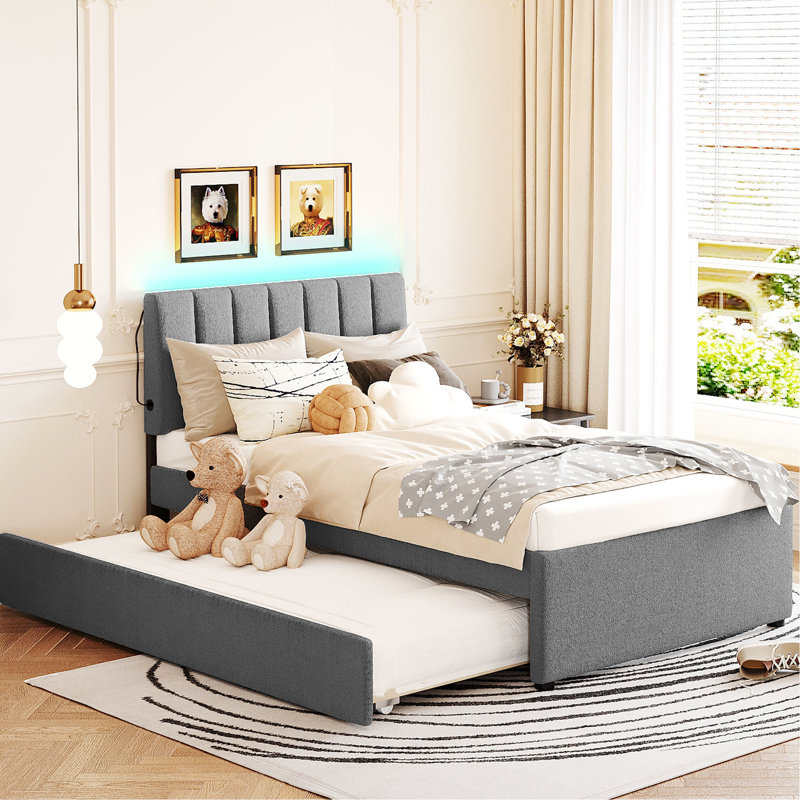 Lit plateforme simple tapissier avec lit gigogne gris et cadre attrayant, Lit simple