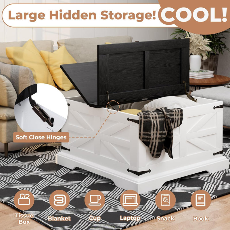 Black and White Square MDF Wood Lift-Top Coffee Table with Storage