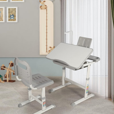 Ensemble de bureau et de chaise pour enfant réglable avec plateau inclinable, tiroir et lampe d'étude à DEL