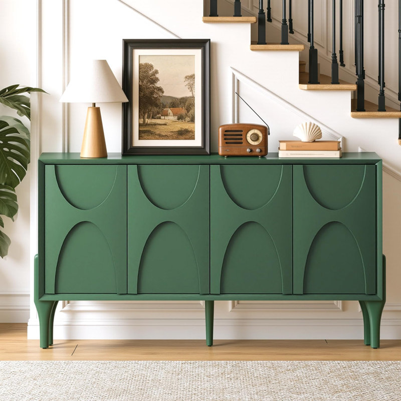 Buffet 59 po, buffet Mid-Century moderne avec tablettes réglables et pieds en bois massif pour la salle à manger ou le salon - vert