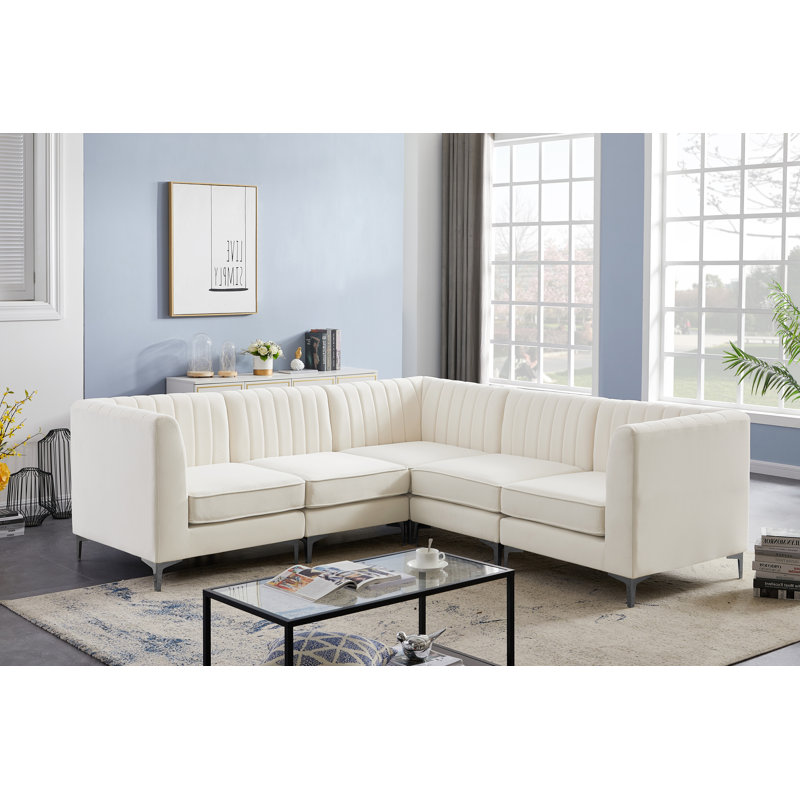 Enson Velvet L-Shaped Sectional Reversible, Cream Velvet