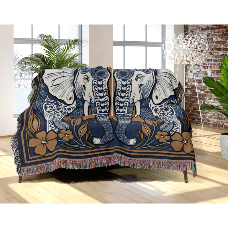 Jeté en mélange de coton Lim Elephant, Noir / bleu / rouge, L 60 po x l 60 po