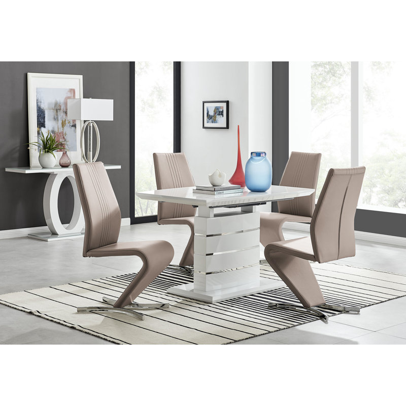 Eubanks 120Cm High Gloss Extending Dining Table And 4 Black Chairs, Cappuccino/Silver